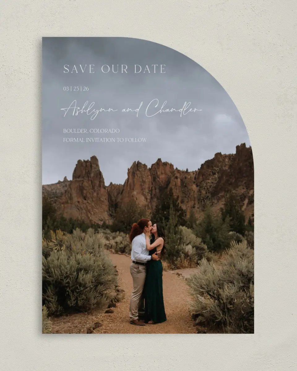 This is a 5" x 7" Save the Date Card called The Ashlynn printed in full color on Premium Smooth paper