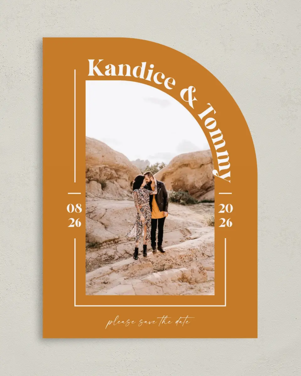 This is a 5" x 7" Save the Date Card called The Kandice printed in full color on Premium Smooth paper