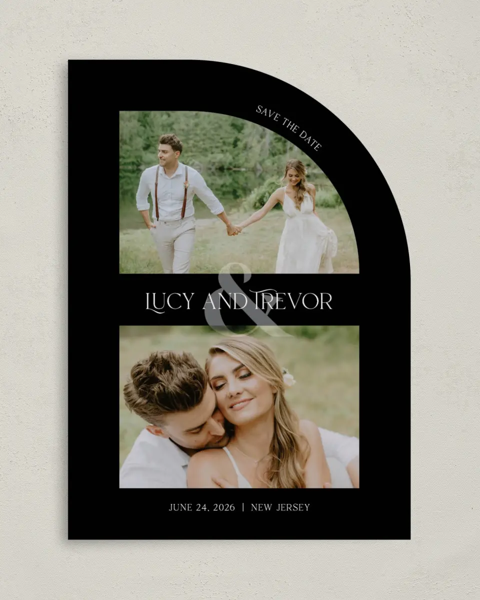 This is a 5" x 7" Save the Date Card called The Lucy printed in full color on Premium Smooth paper