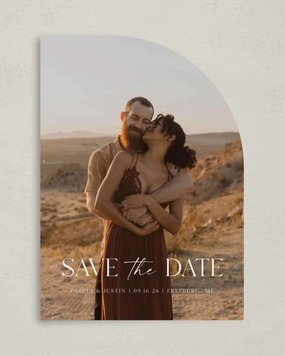 This is a 5" x 7" Save the Date Card called The Olivia printed in full color on Premium Smooth paper