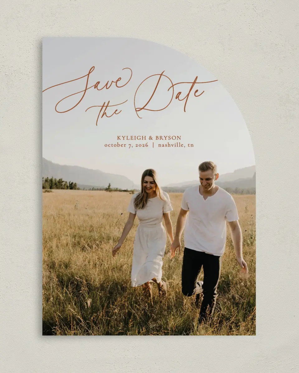 This is a 5" x 7" Save the Date Card called The Kyleigh printed in full color on Premium Smooth paper