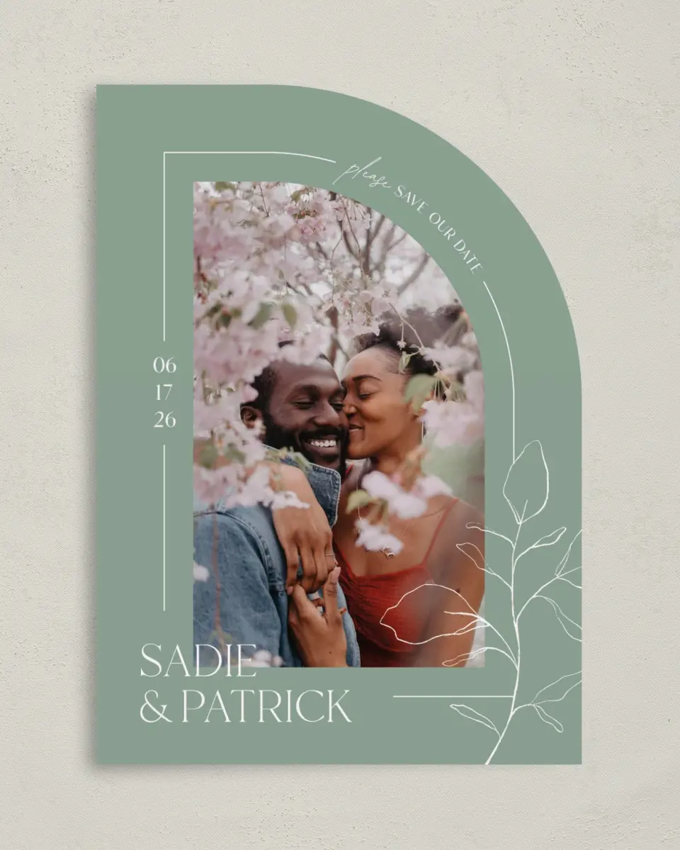 This is a 5" x 7" Save the Date Card called The Sadie printed in full color on Premium Smooth paper