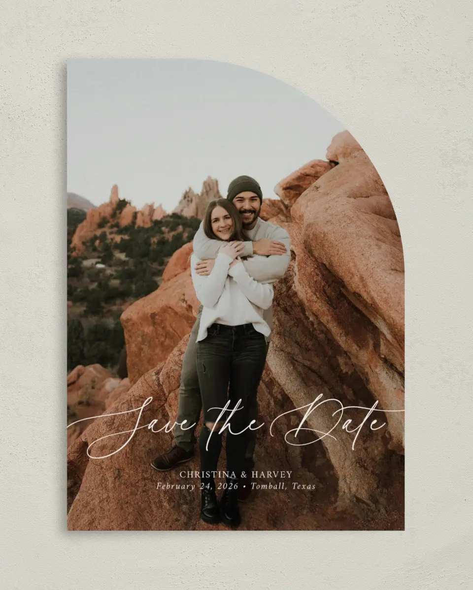 This is a 5" x 7" Save the Date Card called The Christina printed in full color on Premium Smooth paper