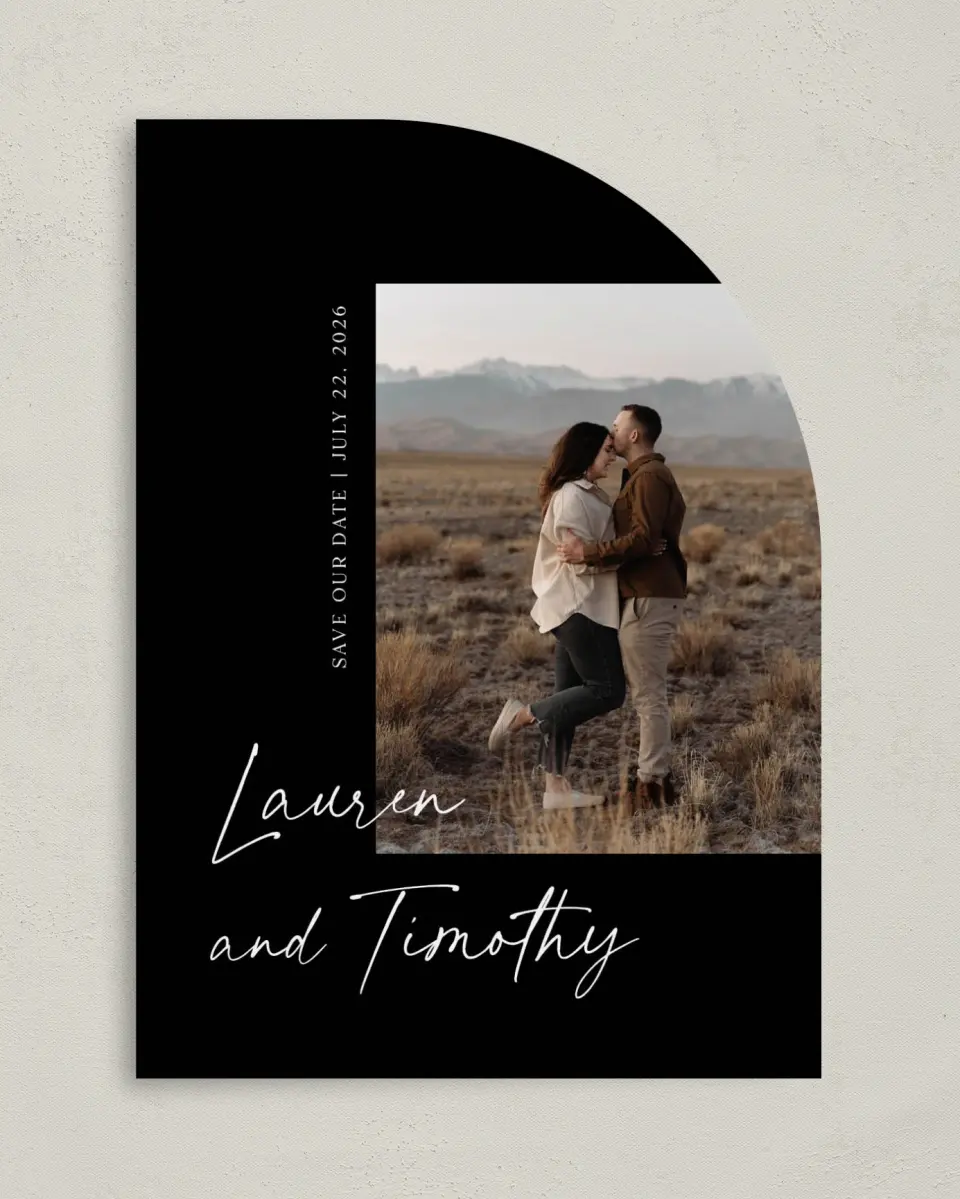 This is a 5" x 7" Save the Date Card called The Lauren printed in full color on Premium Smooth paper