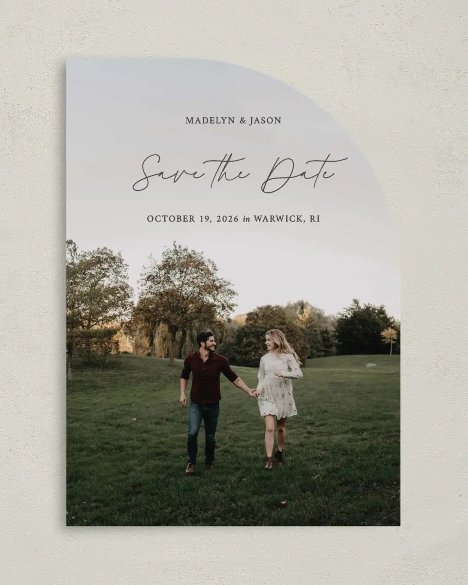 This is a 5" x 7" Save the Date Card called The Madelyn printed in full color on Premium Smooth paper