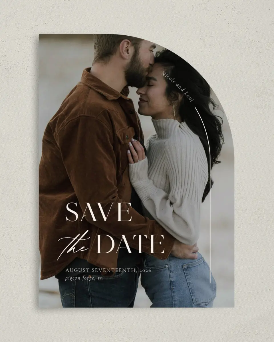 This is a 5" x 7" Save the Date Card called The Nicole printed in full color on Premium Smooth paper