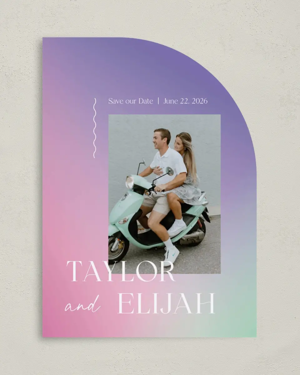 This is a 5" x 7" Save the Date Card called The Taylor printed in full color on Premium Smooth paper