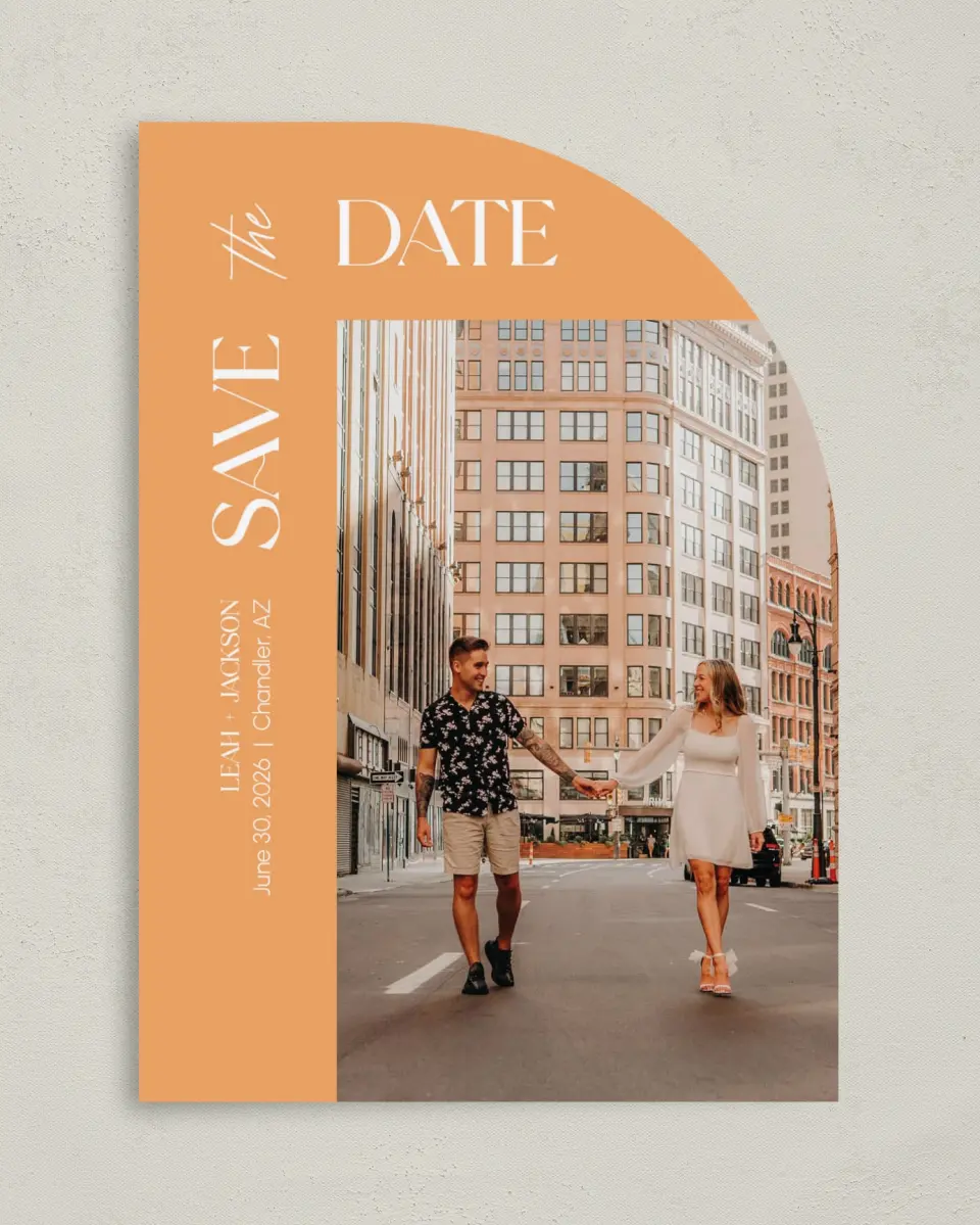 This is a 5" x 7" Save the Date Card called The Leah printed in full color on Premium Smooth paper