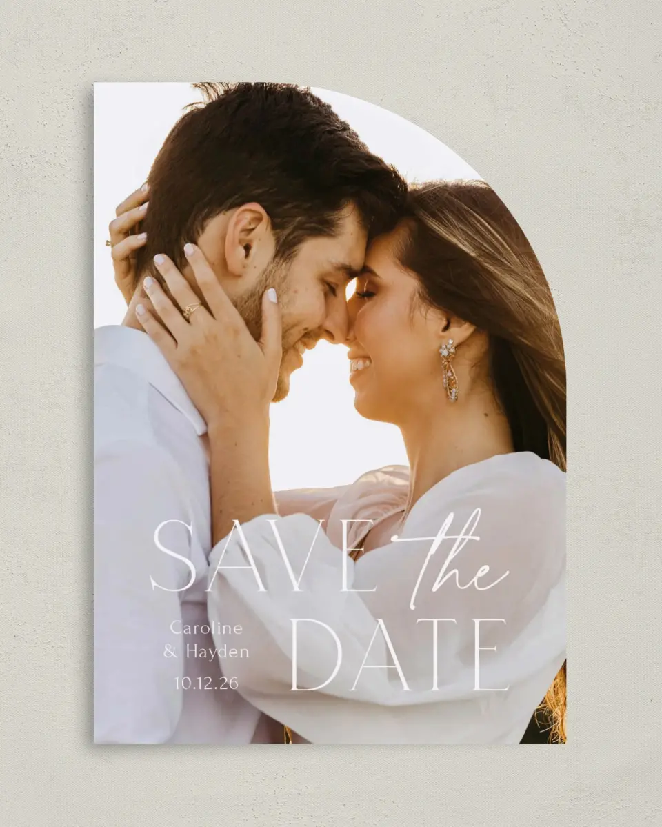 This is a 5" x 7" Save the Date Card called The Caroline printed in full color on Premium Smooth paper
