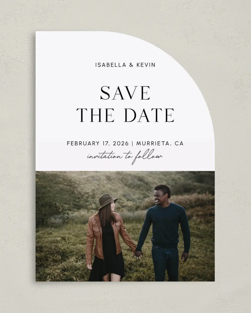 This is a 5" x 7" Save the Date Card called The Isabella printed in full color on Premium Smooth paper