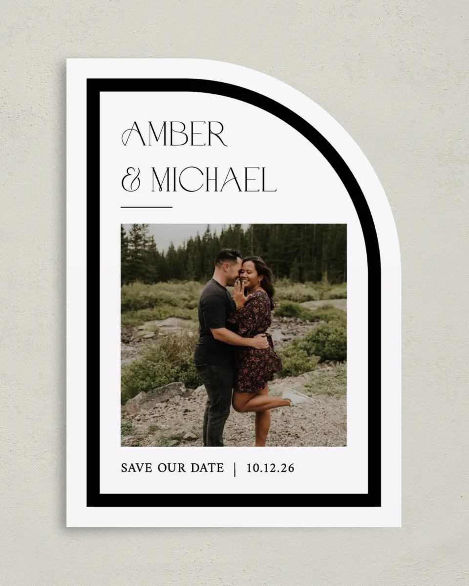This is a 5" x 7" Save the Date Card called The Amber printed in full color on Premium Smooth paper