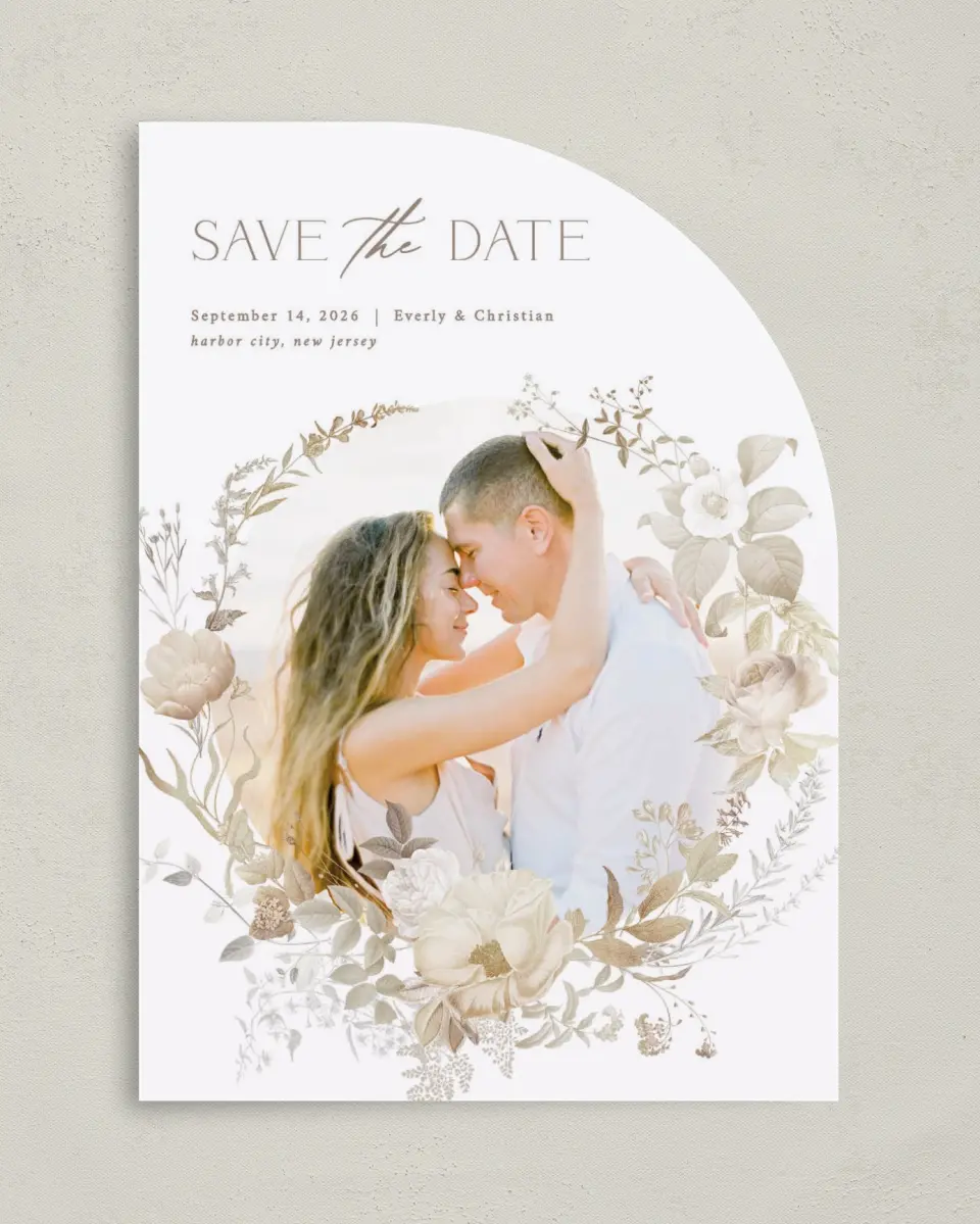 This is a 5" x 7" Save the Date Card called The Everly printed in full color on Premium Smooth paper