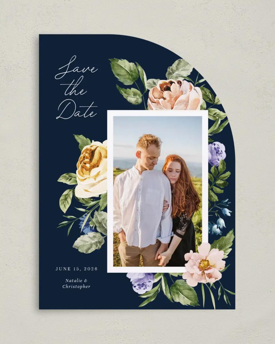 This is a 5" x 7" Save the Date Card called The Natalie printed in full color on Premium Smooth paper