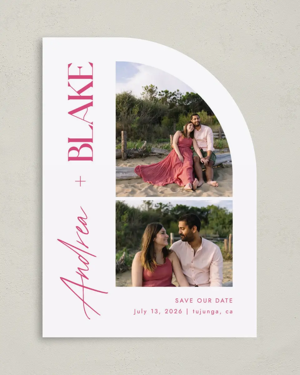This is a 5" x 7" Save the Date Card called The Andrea printed in full color on Premium Smooth paper