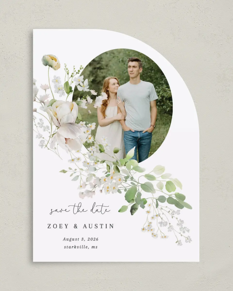 This is a 5" x 7" Save the Date Card called The Zoey printed in full color on Premium Smooth paper
