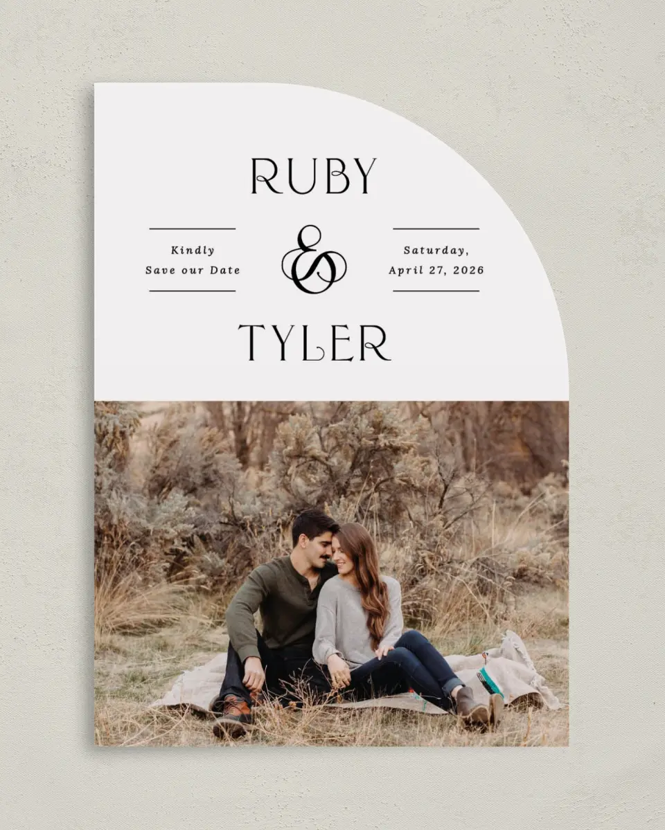 This is a 5" x 7" Save the Date Card called The Ruby printed in full color on Premium Smooth paper