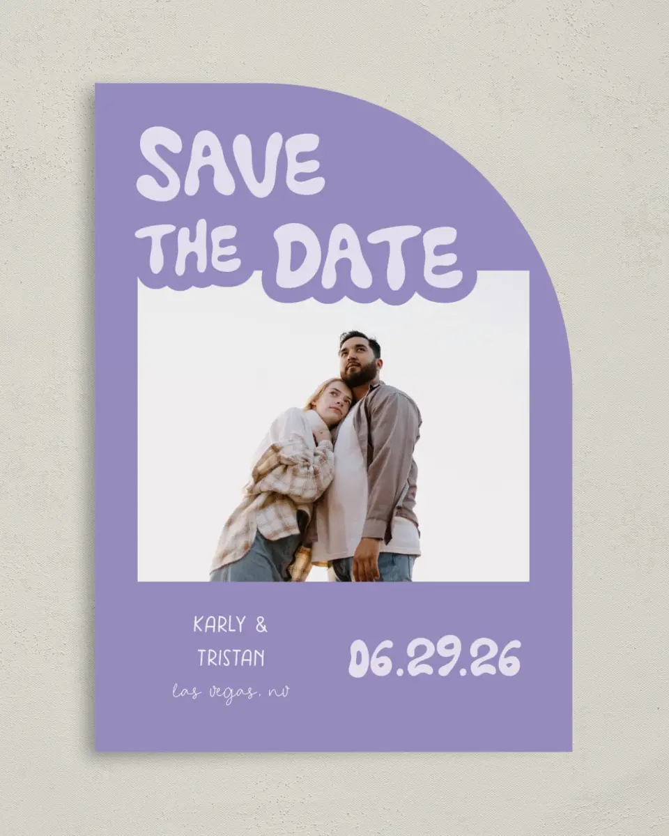 This is a 5" x 7" Save the Date Card called The Karly printed in full color on Premium Smooth paper