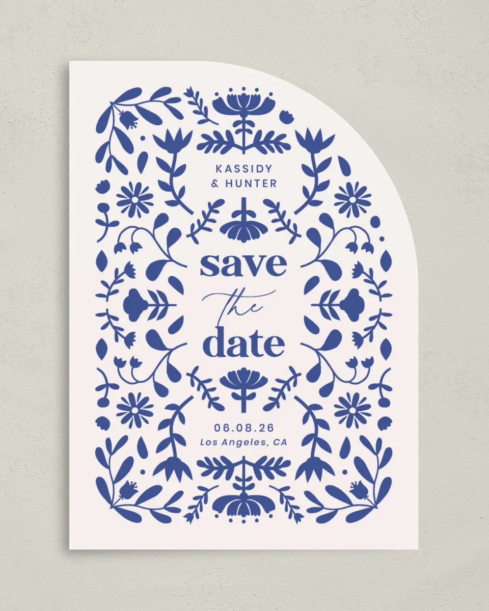 This is a 5" x 7" Save the Date Card called The Kassidy printed in full color on Premium Smooth paper