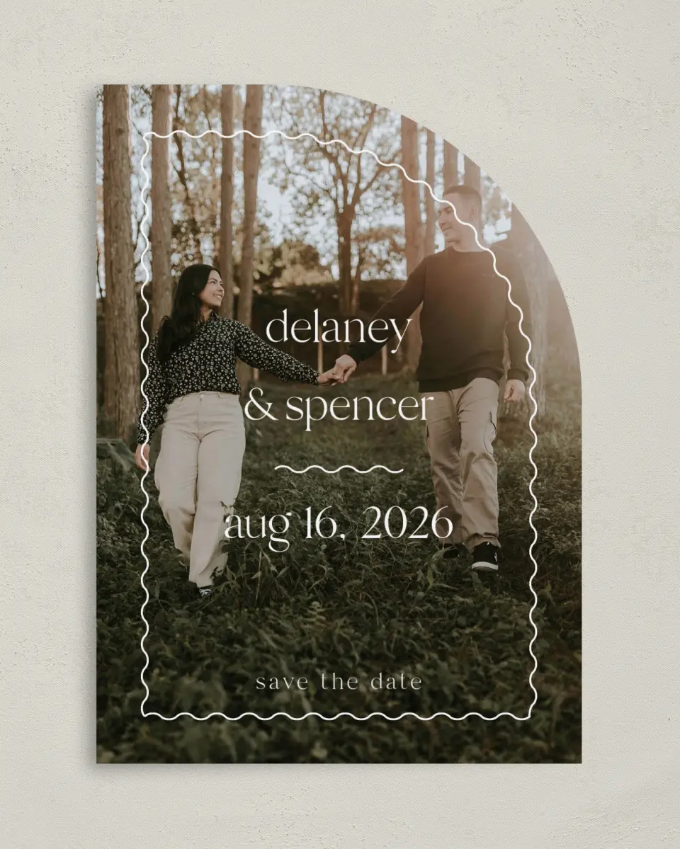 This is a 5" x 7" Save the Date Card called The Delaney printed in full color on Premium Smooth paper