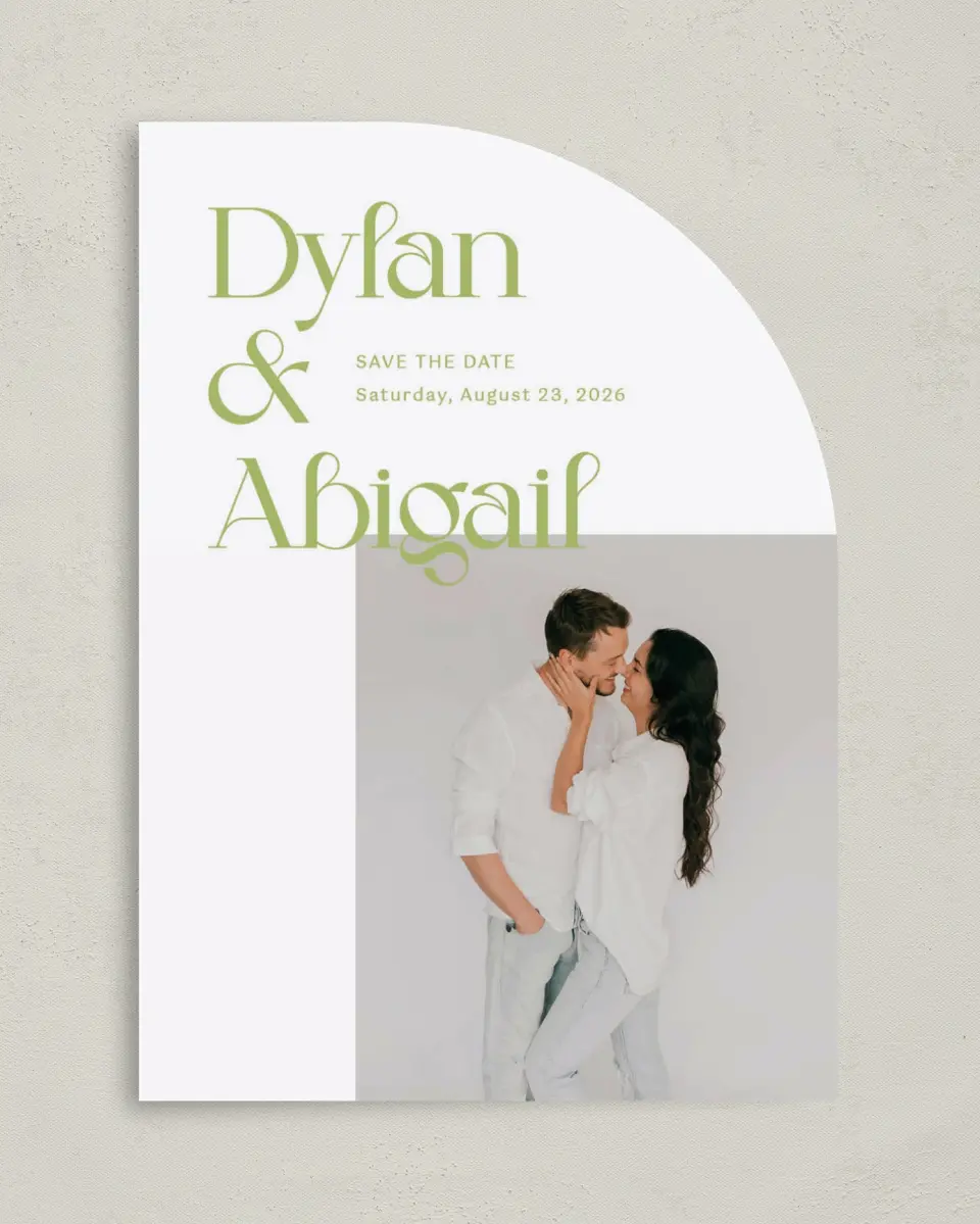 This is a 5" x 7" Save the Date Card called The Abigail printed in full color on Premium Smooth paper