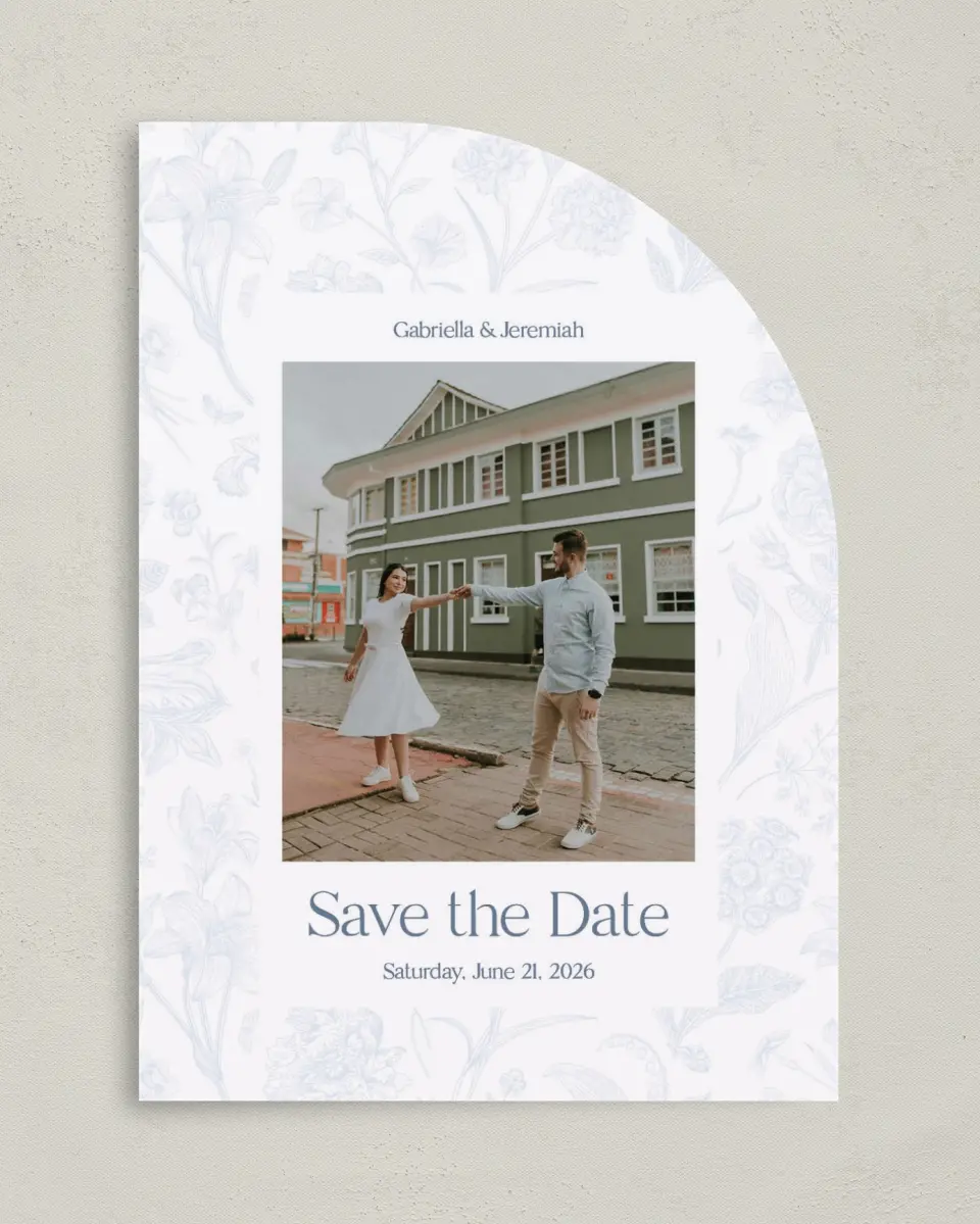 This is a 5" x 7" Save the Date Card called The Gabriella printed in full color on Premium Smooth paper