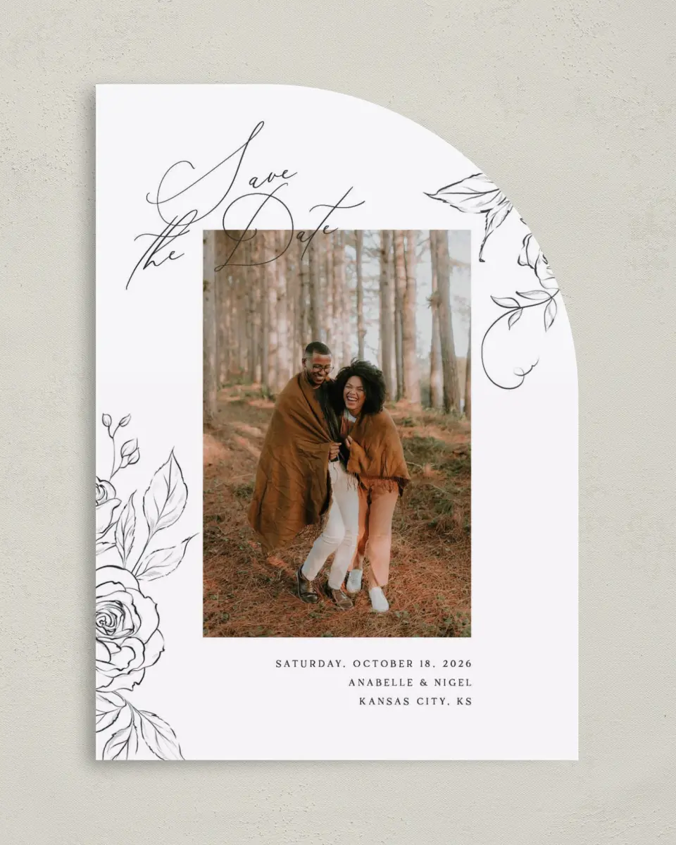 This is a 5" x 7" Save the Date Card called The Anabelle printed in full color on Premium Smooth paper
