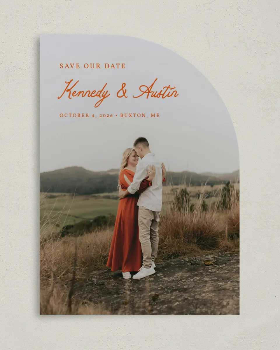 This is a 5" x 7" Save the Date Card called The Kennedy printed in full color on Premium Smooth paper