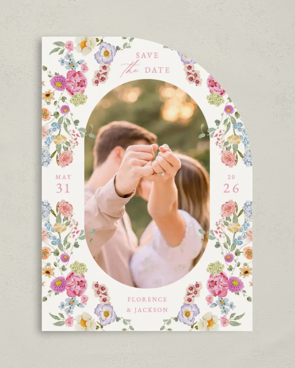 This is a 5" x 7" Save the Date Card called The Florence printed in full color on Premium Smooth paper