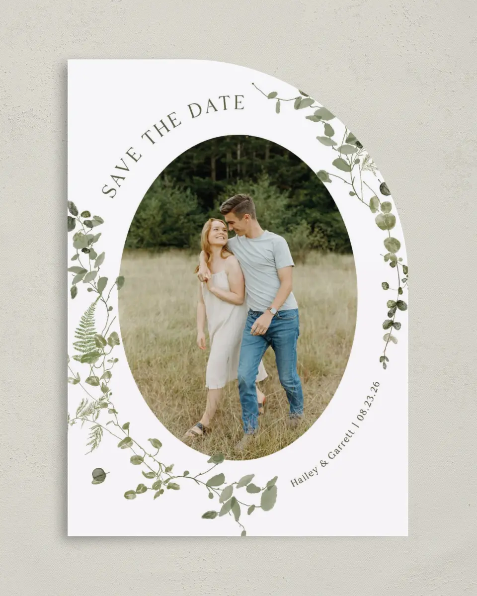 This is a 5" x 7" Save the Date Card called The Hailey printed in full color on Premium Smooth paper