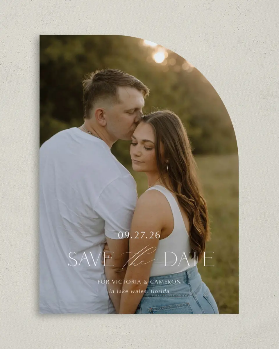This is a 5" x 7" Save the Date Card called The Victoria printed in full color on Premium Smooth paper