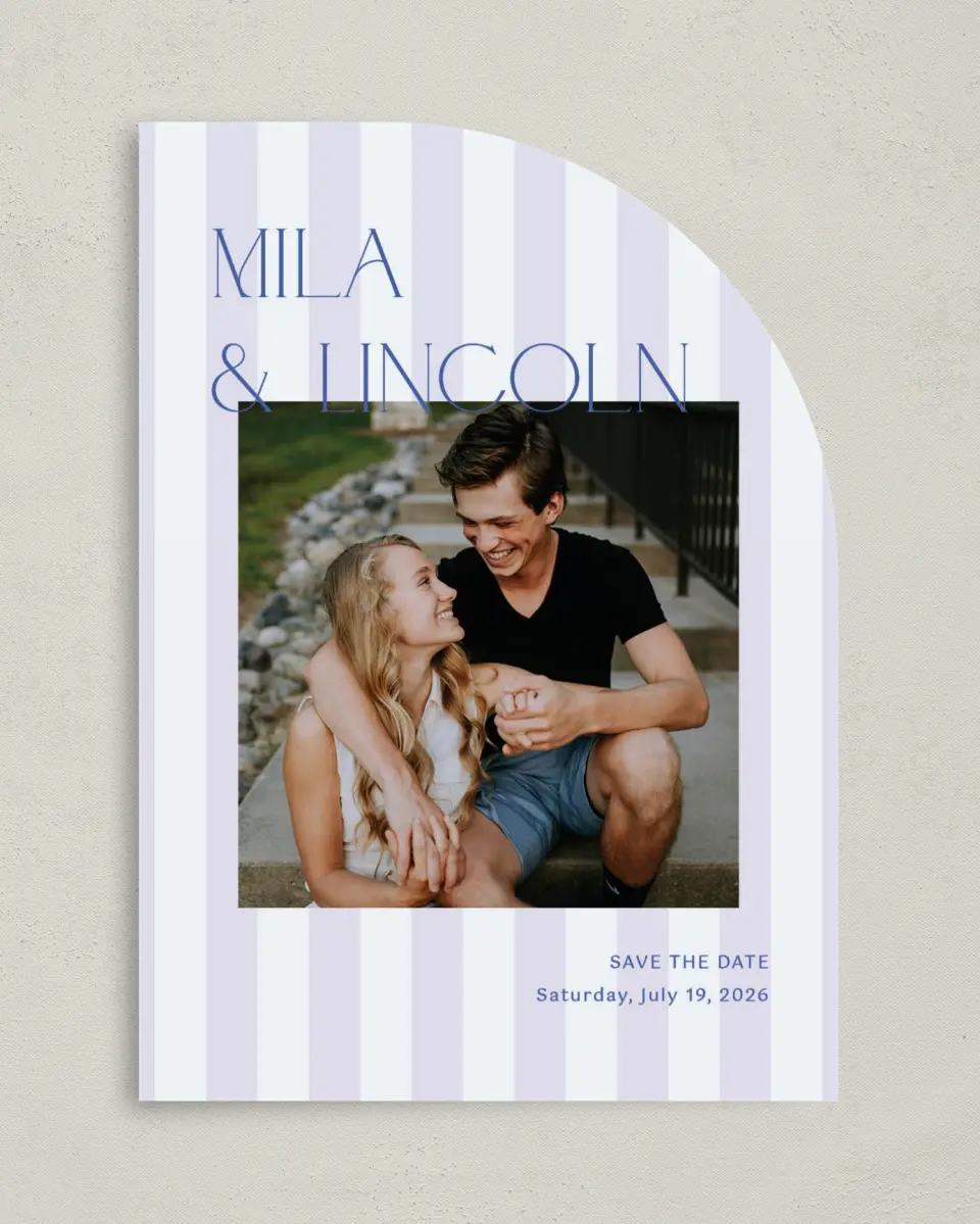This is a 5" x 7" Save the Date Card called The Mila printed in full color on Premium Smooth paper