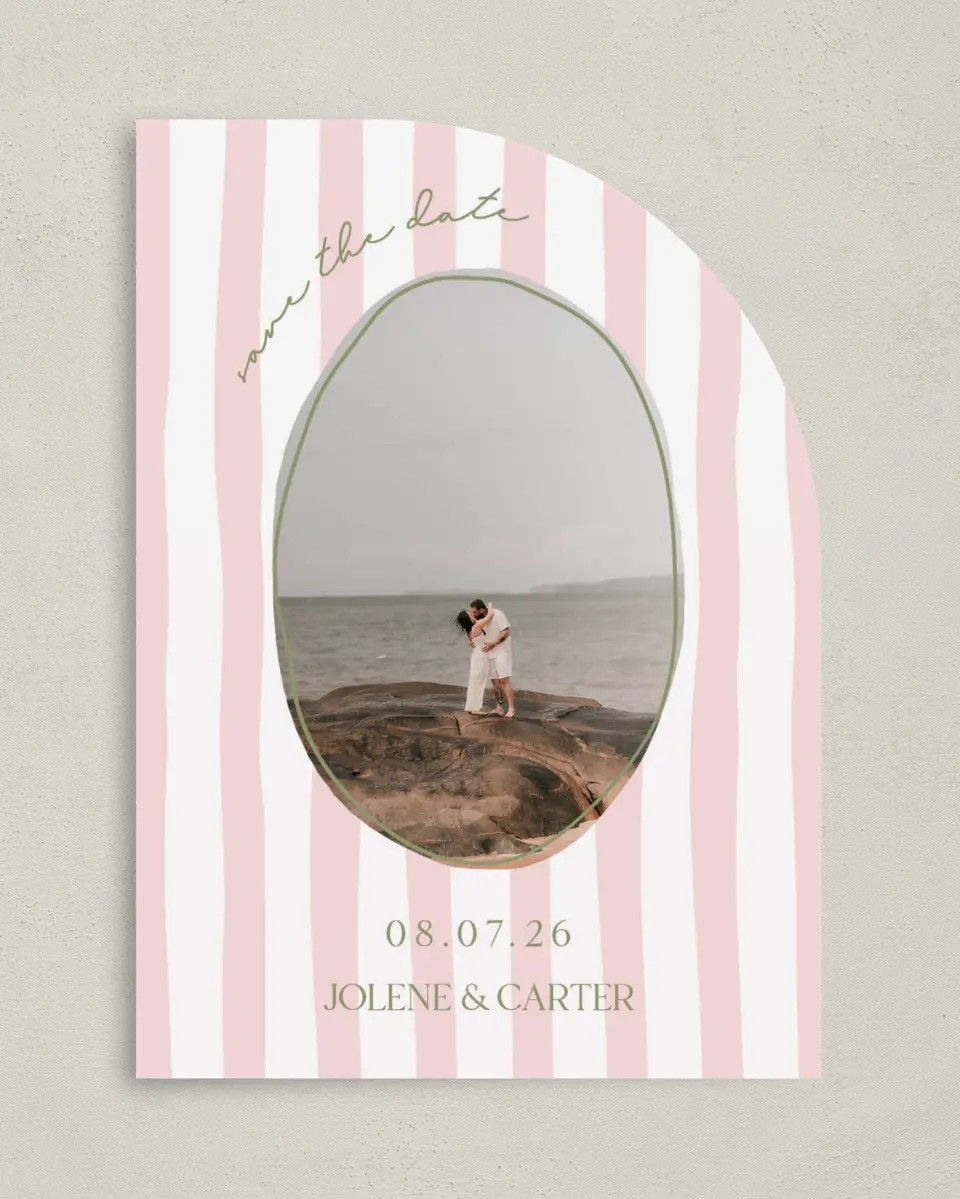 This is a 5" x 7" Save the Date Card called The Jolene printed in full color on Premium Smooth paper