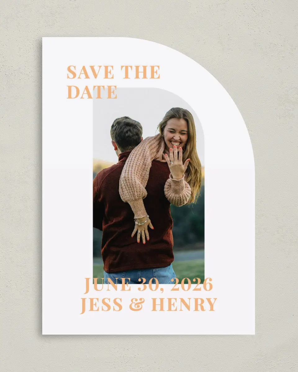 This is a 5" x 7" Save the Date Card called The Jess printed in full color on Premium Smooth paper