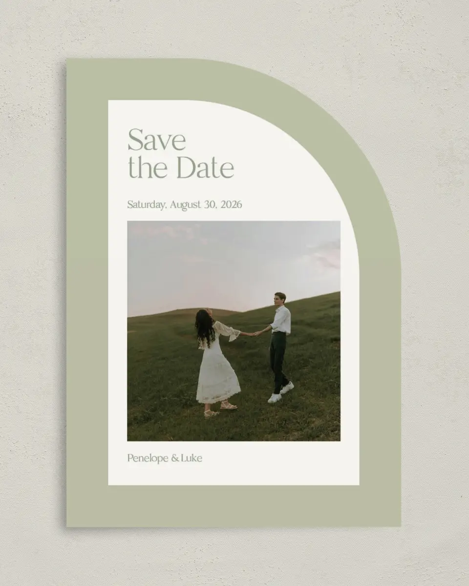 This is a 5" x 7" Save the Date Card called The Penelope printed in full color on Premium Smooth paper