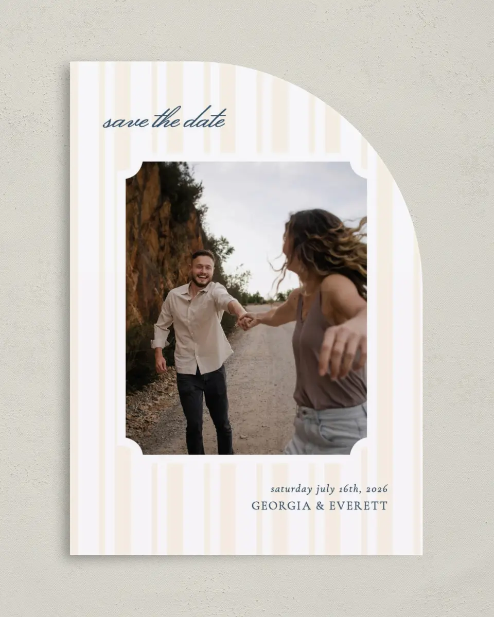 This is a 5" x 7" Save the Date Card called The Georgia printed in full color on Premium Smooth paper