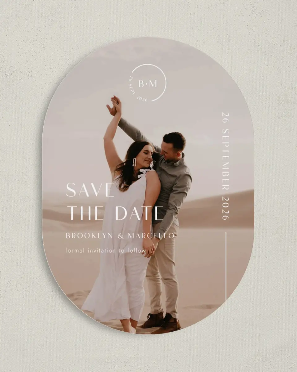 This is a 5" x 7" Save the Date Card called The Brooklyn printed in full color on Premium Smooth paper