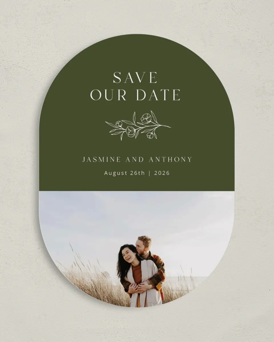 This is a 5" x 7" Save the Date Card called The Jasmine printed in full color on Premium Smooth paper