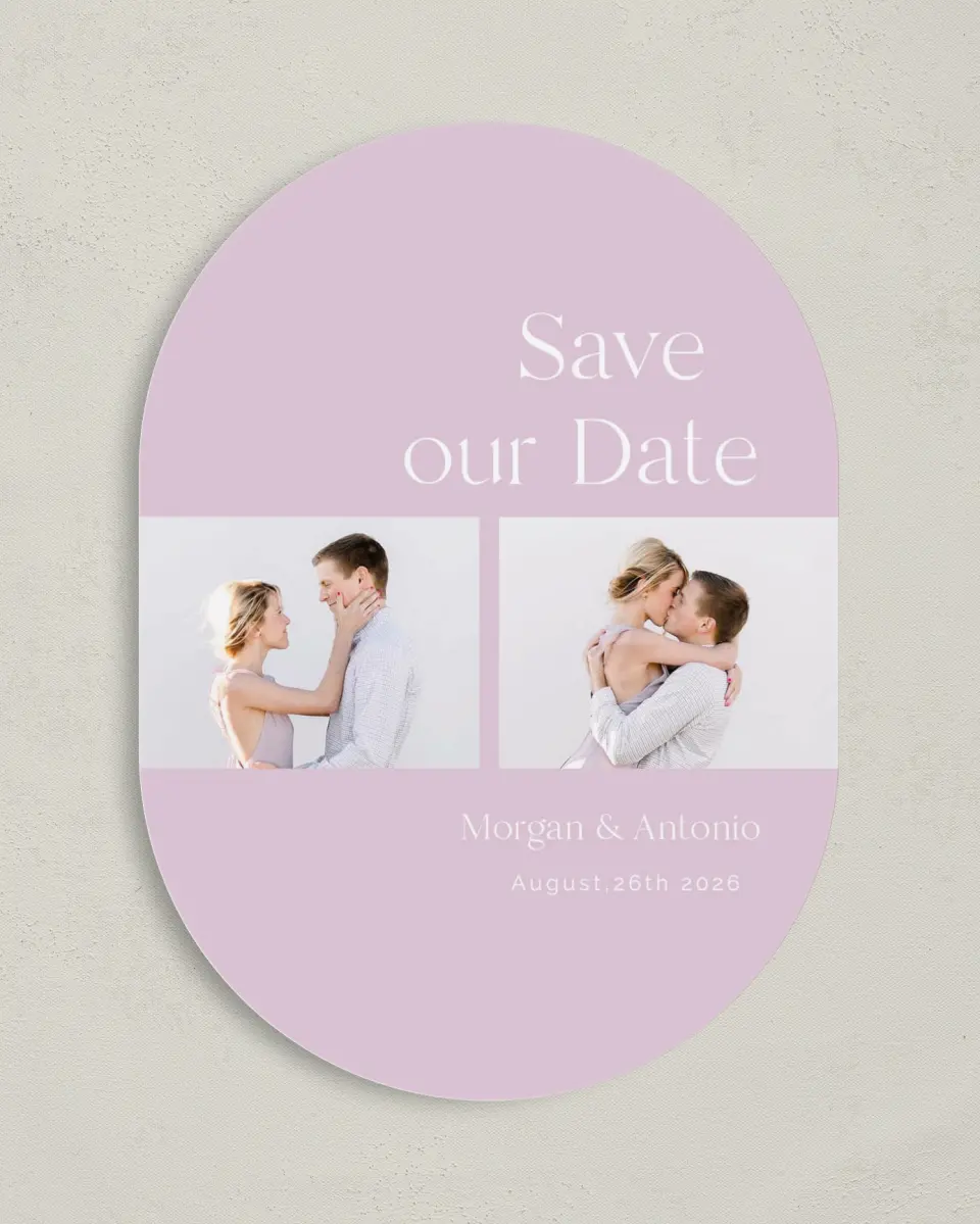 This is a 5" x 7" Save the Date Card called The Morgan printed in full color on Premium Smooth paper