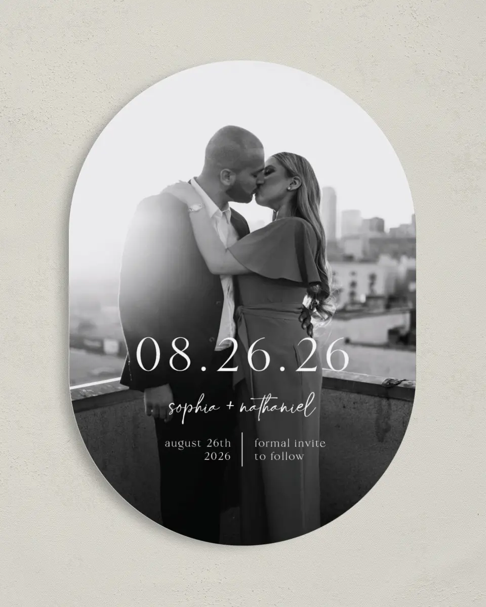 This is a 5" x 7" Save the Date Card called The Sophia printed in full color on Premium Smooth paper