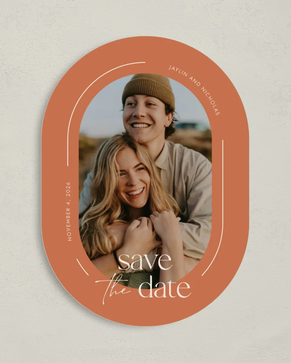 This is a 5" x 7" Save the Date Card called The Jaylin printed in full color on Premium Smooth paper