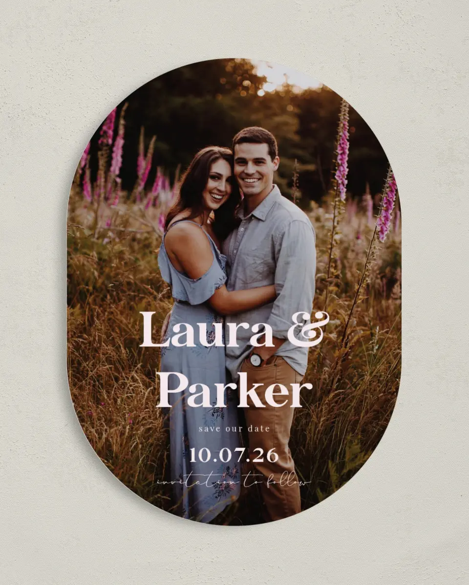 This is a 5" x 7" Save the Date Card called The Laura printed in full color on Premium Smooth paper