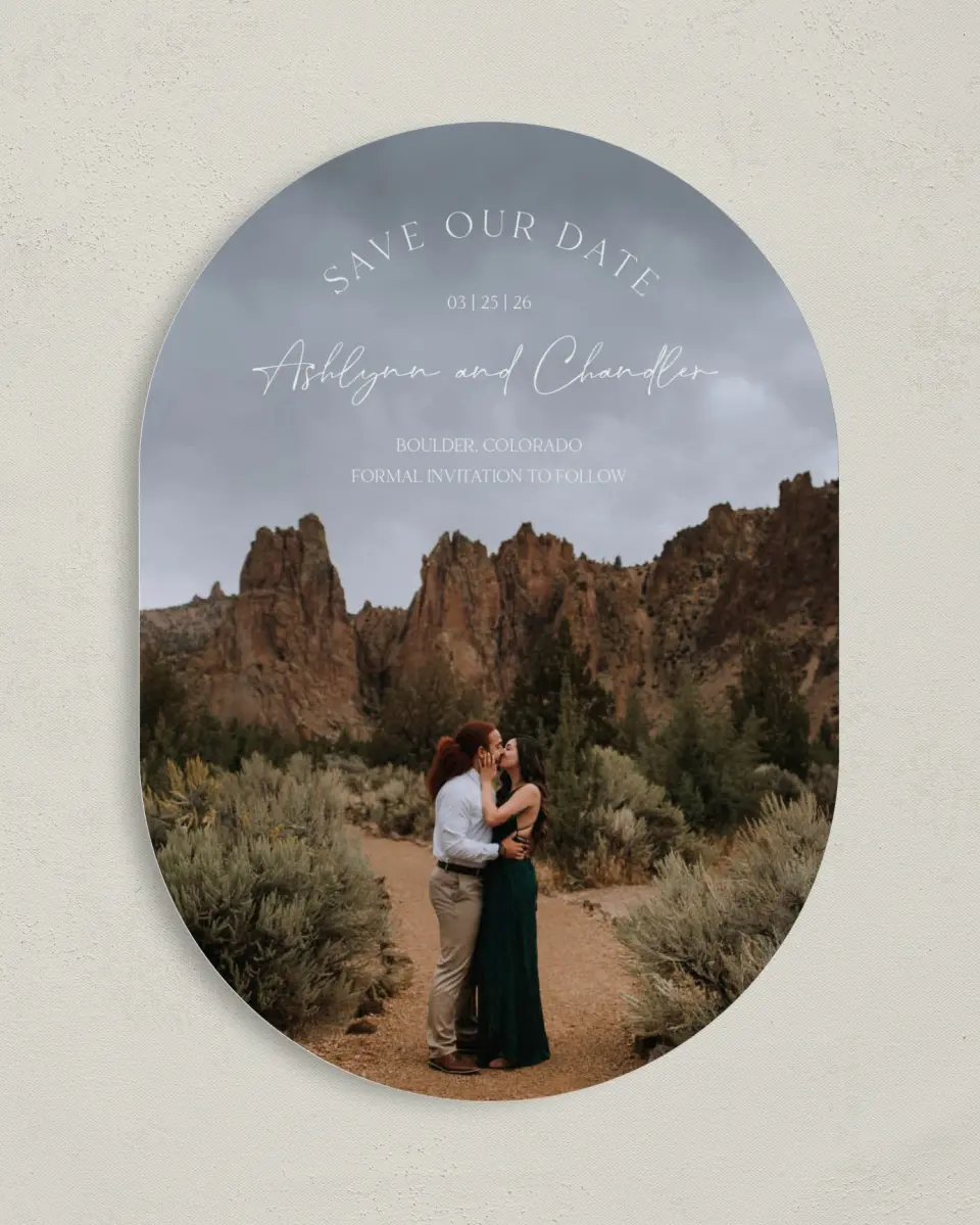 This is a 5" x 7" Save the Date Card called The Ashlynn printed in full color on Premium Smooth paper