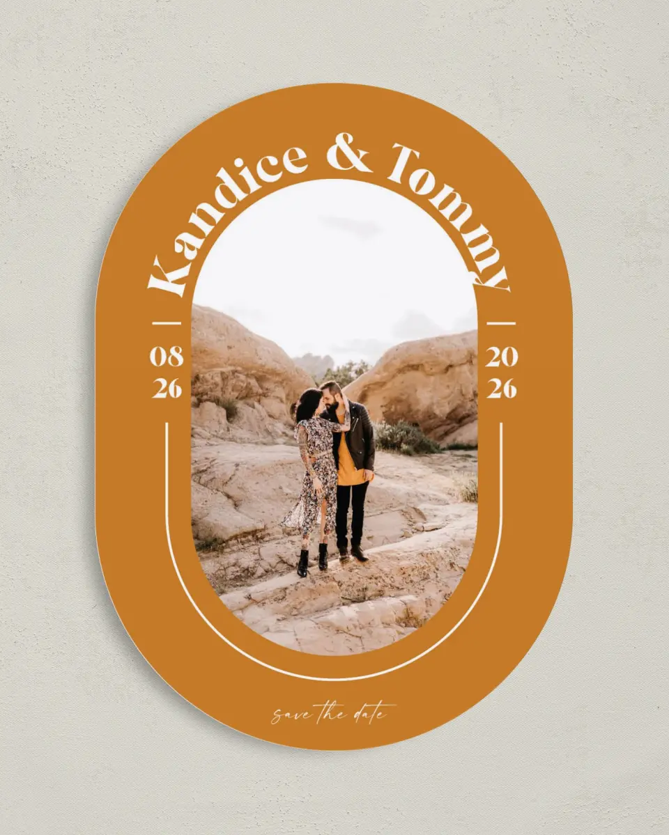 This is a 5" x 7" Save the Date Card called The Kandice printed in full color on Premium Smooth paper
