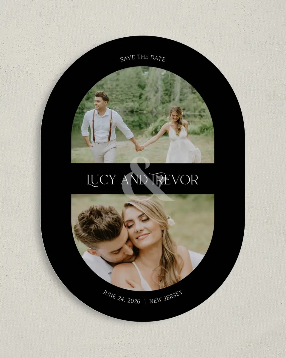 This is a 5" x 7" Save the Date Card called The Lucy printed in full color on Premium Smooth paper