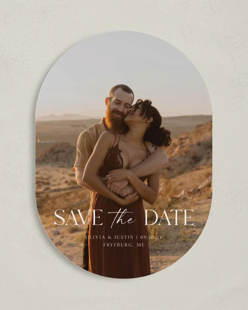 This is a 5" x 7" Save the Date Card called The Olivia printed in full color on Premium Smooth paper