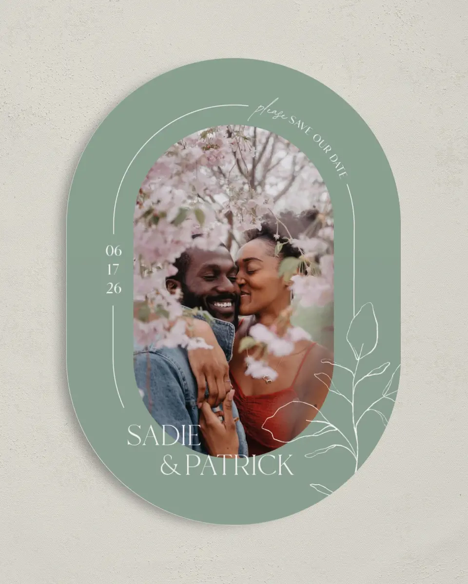 This is a 5" x 7" Save the Date Card called The Sadie printed in full color on Premium Smooth paper