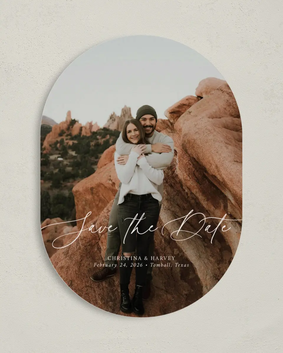 This is a 5" x 7" Save the Date Card called The Christina printed in full color on Premium Smooth paper