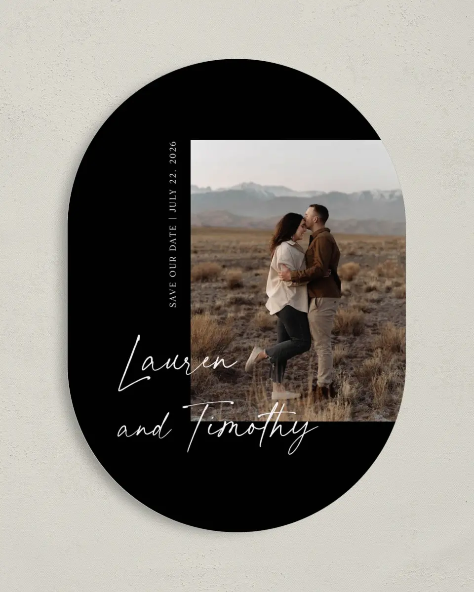 This is a 5" x 7" Save the Date Card called The Lauren printed in full color on Premium Smooth paper