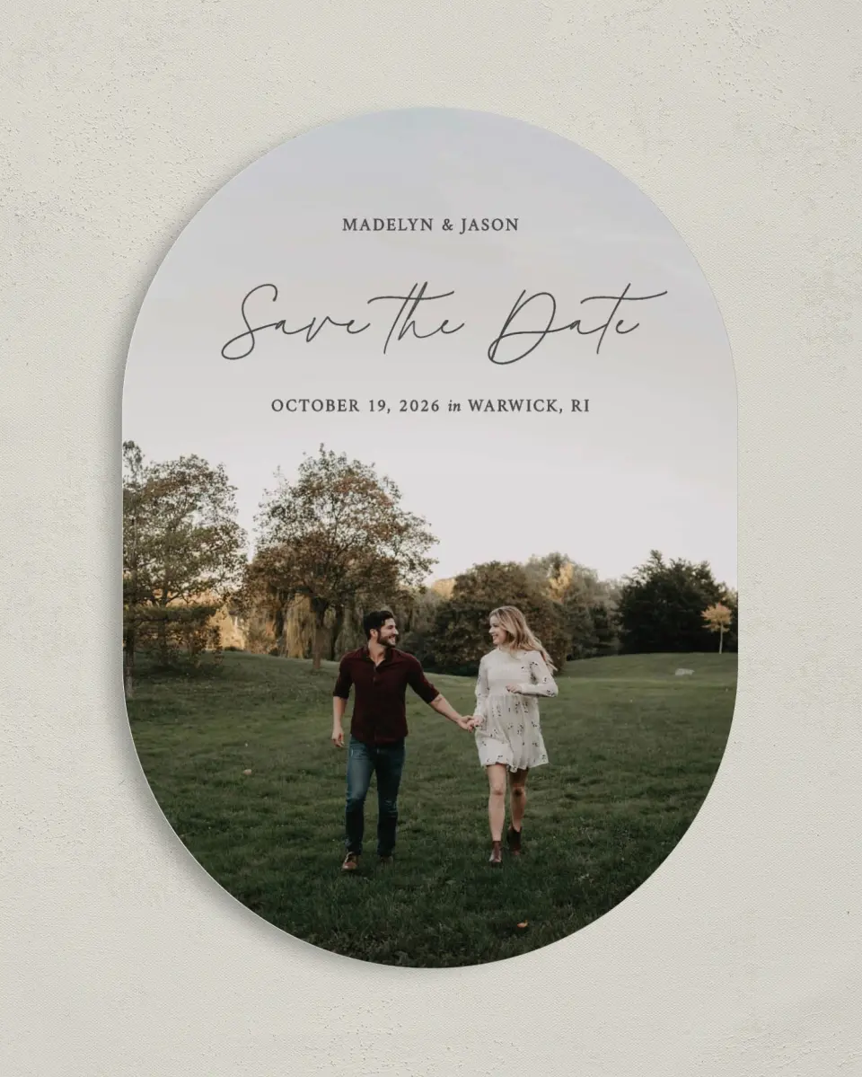 This is a 5" x 7" Save the Date Card called The Madelyn printed in full color on Premium Smooth paper