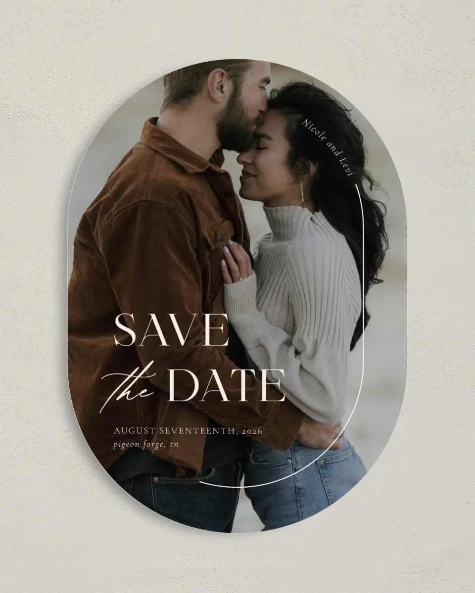 This is a 5" x 7" Save the Date Card called The Nicole printed in full color on Premium Smooth paper